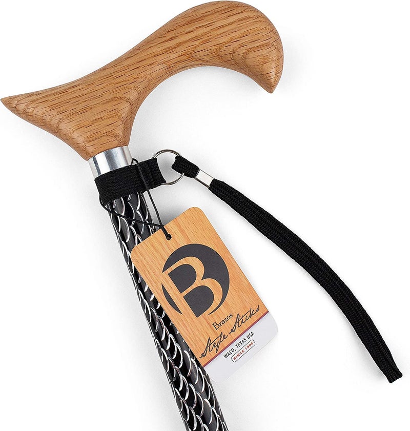 Brazos Adjustable Walking Cane for Men and Women Made of Lightweight Engraved Aluminum with Wooden Handle, Wrist Strap and Rubber Tip, Black and Silver Body with Red Oak Handle, FSA & HSA Eligible - Image 1